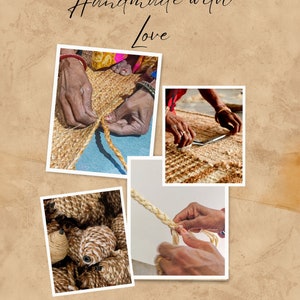 May include: Close-up images of hands weaving natural fiber rope. The rope is being woven into a rug. The text "Handmade with Love" is written on the image.