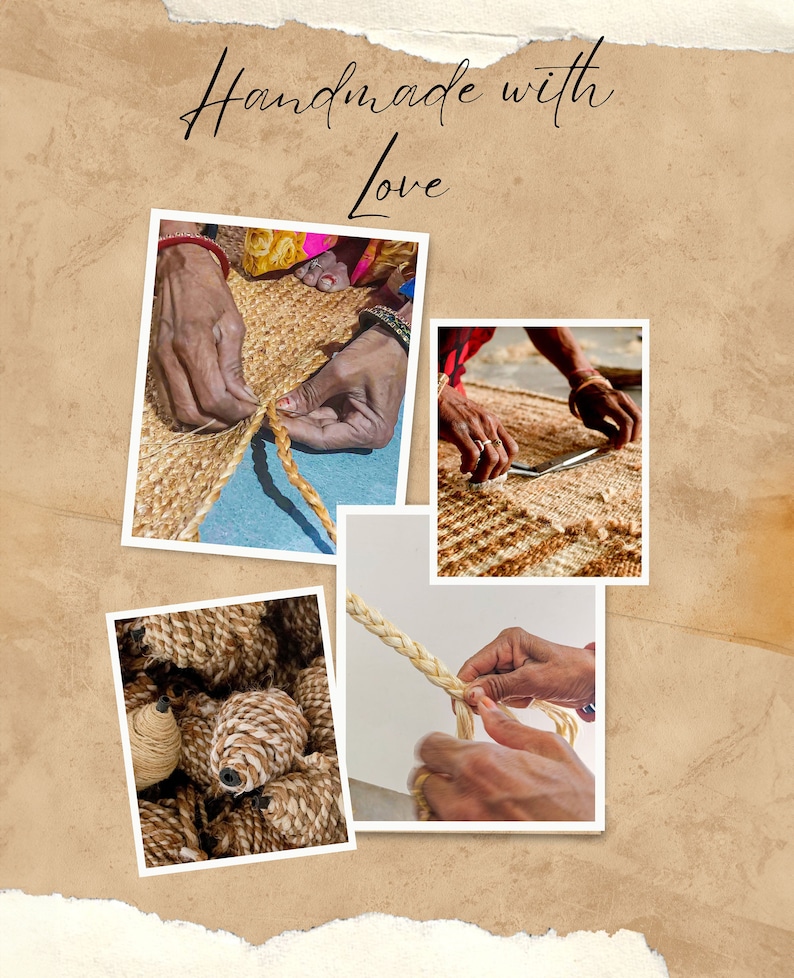 May include: Close-up images of hands weaving natural fiber rope. The rope is being woven into a rug. The text "Handmade with Love" is written on the image.