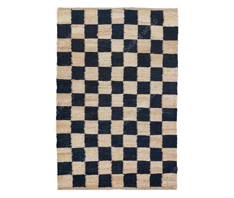 Checkered Jute Area Rug with Beige and Black Checks