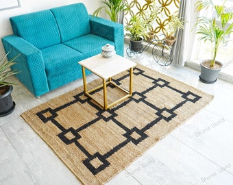 Geometric Hemp Jute Rug, Bohemain Natural Jute Rug, Boho Decor Jute Area Rug, Custom Size Rug, Living Room Rug, Handwoven Jute Runner Rug