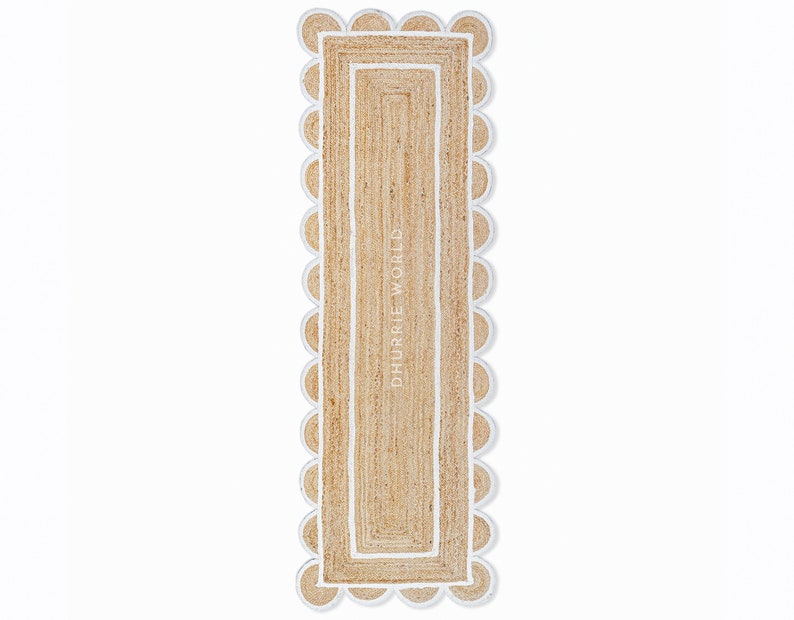 Jute Scallop Rug with Off White Border Runner Rug