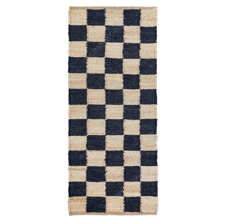 Checkered Jute Runner Rug with Beige and Black Checks