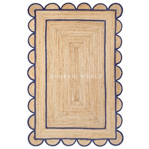 Scalloped Jute Rug, Scallop Navy Jute Rug, Natural Scalloped Edge Rug, Custom Size Rug, Boho Jute Area Rug, Jute Runner Rug, Bohemian Rug