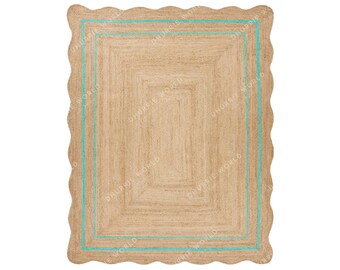 Wavy Scalloped Jute Rug - Bohemian Scalloped Rug, Custom Size Rug, Boho Decor Jute Rug, Natural Jute Rug, Jute Runner Rug, Scallop Edge Rug