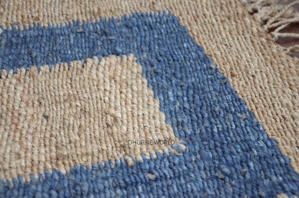 2x3 Blue Border Natural Jute Rug Bohemian Rug Blue Woven Etsy