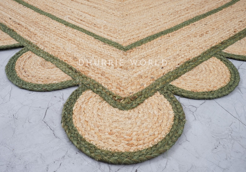Scalloped Jute Rug Emerald Green Scallop Rug Natural Jute Etsy