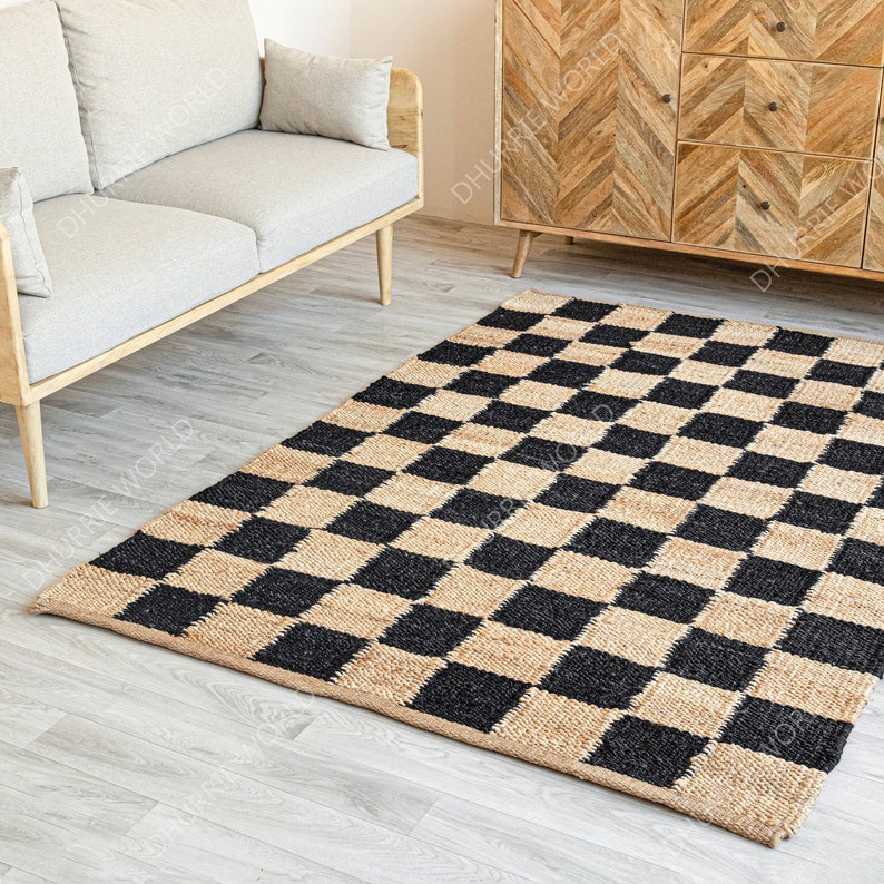Checkered Jute Area Rug with Beige and Black Checks