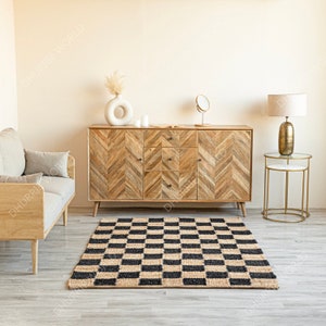 Checkered Jute Area Rug with Beige and Black Checks