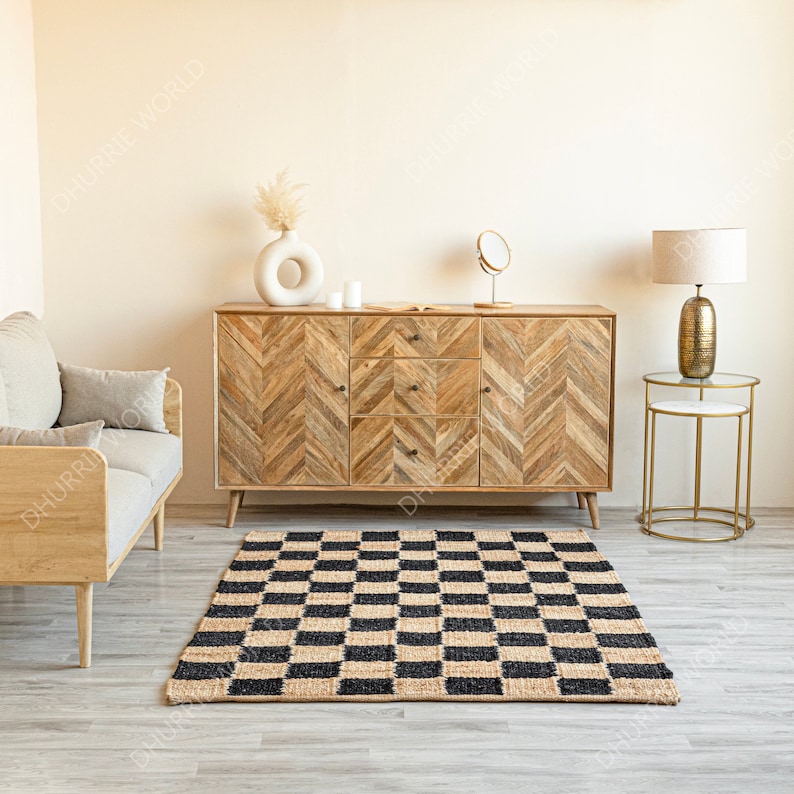 Checkered Jute Area Rug with Beige and Black Checks