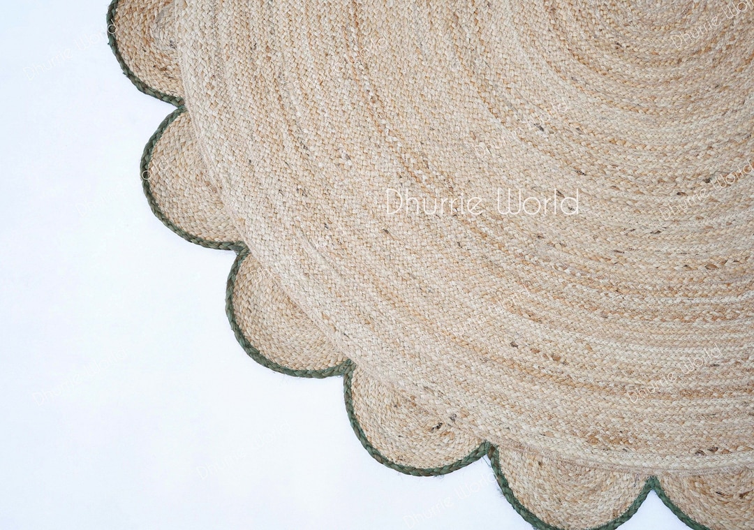 Natural Jute Scallop Round Rug, Designer Bohemian Jute Area Rug, Eco Friendly Scalloped Edge Rug