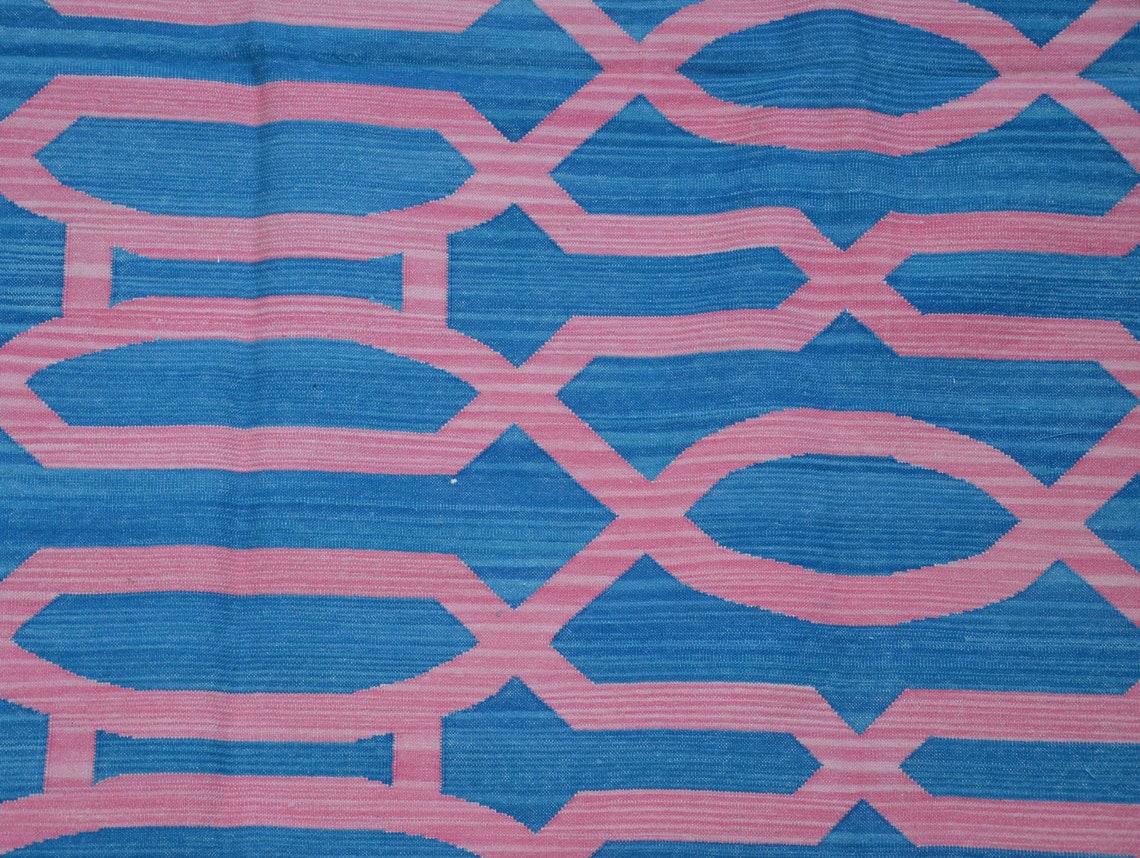 Blue Pink Geometric Dhurrie Rug 4x5'10 Etsy