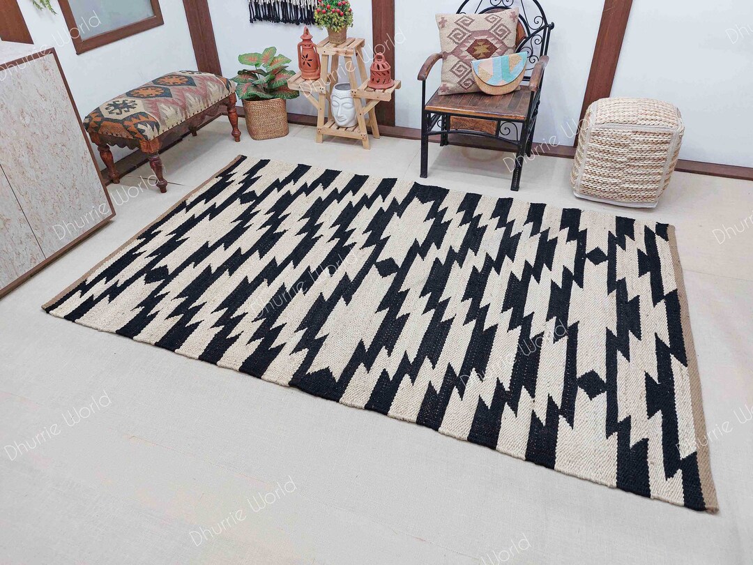 Natural Jute Geometric Rug, Black Jute Area Rug, Bohemian Decor Rug
