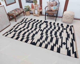Alfombra geométrica de yute natural, alfombra de área de yute negro, alfombra de decoración boho, alfombra ecológica boho, alfombra de salón, alfombra de yute tejida a mano