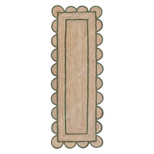 Scalloped Jute Runner Rug with Emerald Green Border