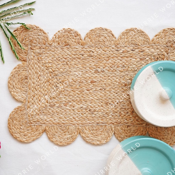 Scalloped Jute Placemats, Boho Tablemats, Farmhouse Natural Jute Placemat, 12x18 Inch