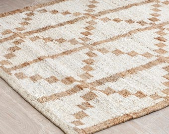 Alfombra de yute bohemia en color blanquecino, alfombra de yute natural, alfombra de tamaño personalizado, alfombra vintage bohemia, alfombra de pasillo, alfombra Navajo Southwestern Hispter