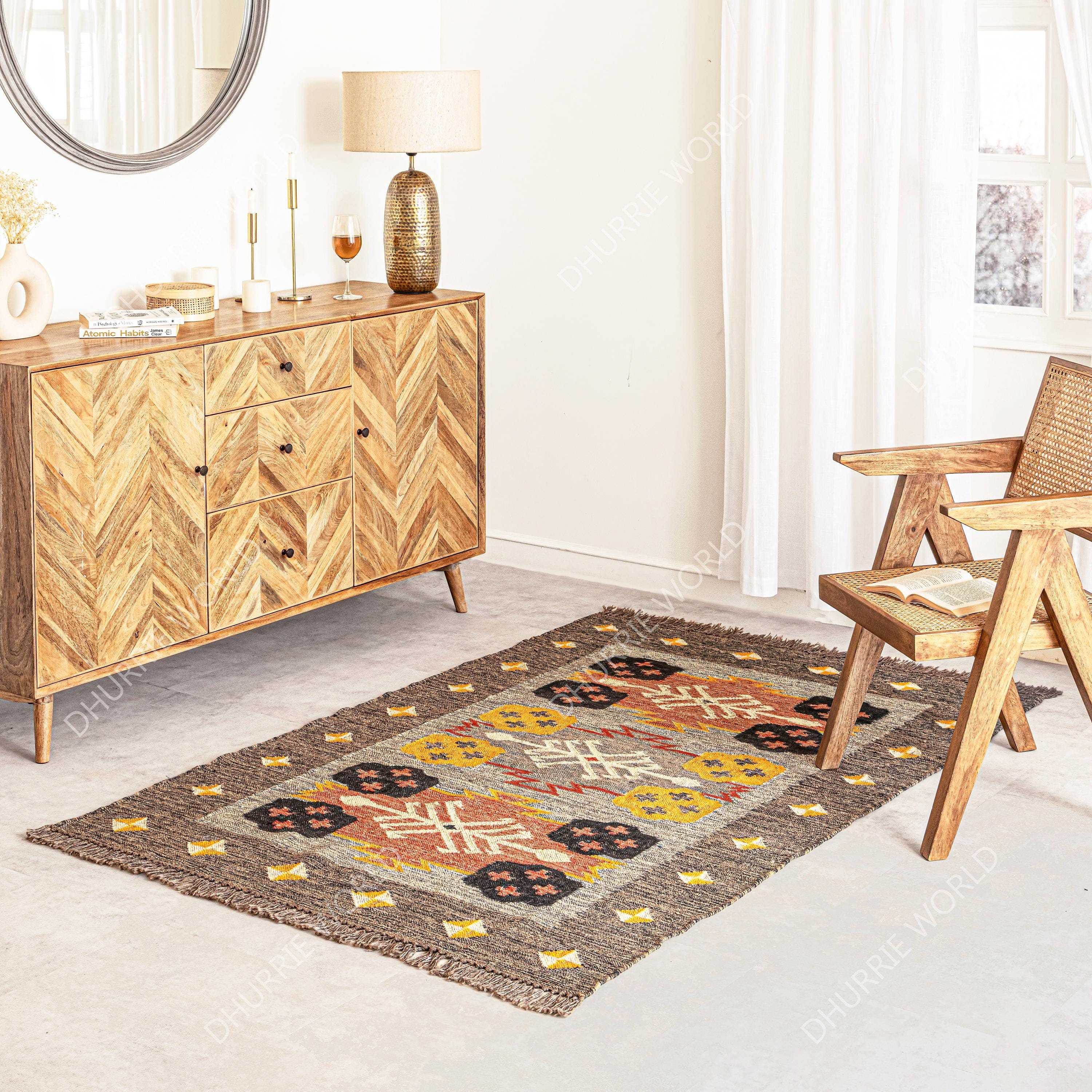 Handwoven Wool and Jute Rug, Kilim Rug, Turkish Kilim Runner