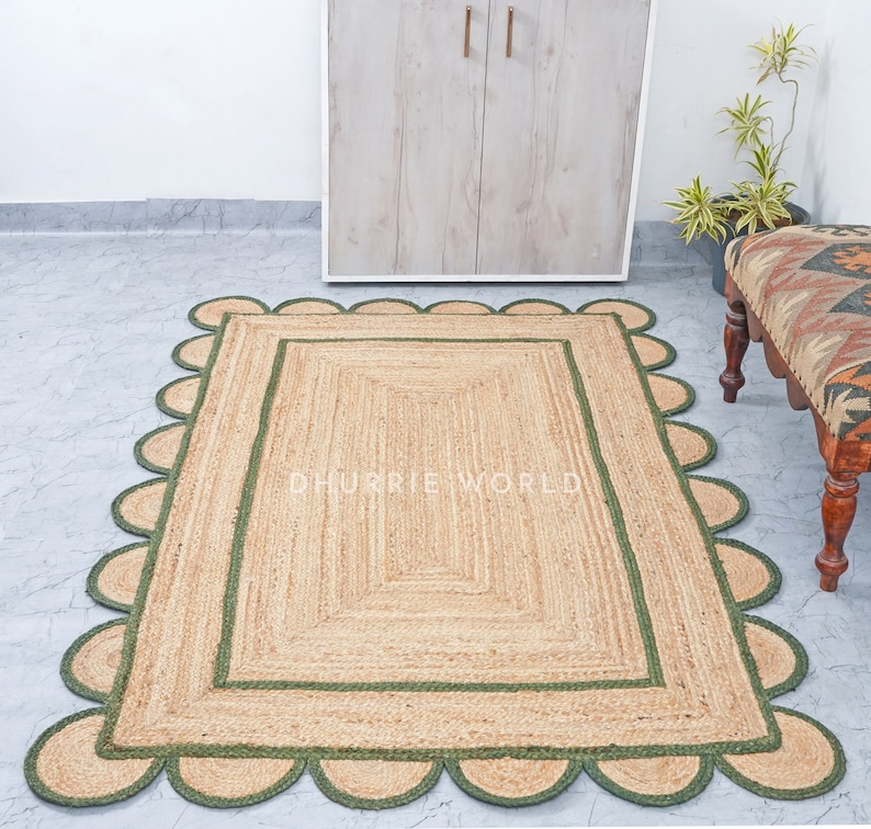 Scalloped Jute Rug Emerald Green Scallop Rug Natural Jute Etsy