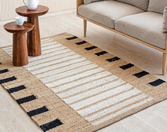 Natural Jute Area Rug, Striped Jute Rug, Custom Size Rug, Hallway Runner Rug, Handmade Rug, Boho Decor Rug, Moroccan Striped Rug