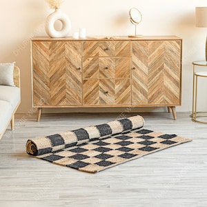 Checkered Jute Area Rug with Beige and Black Checks