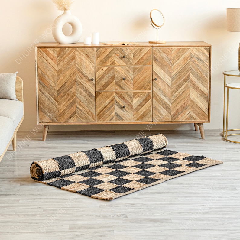 Checkered Jute Area Rug with Beige and Black Checks