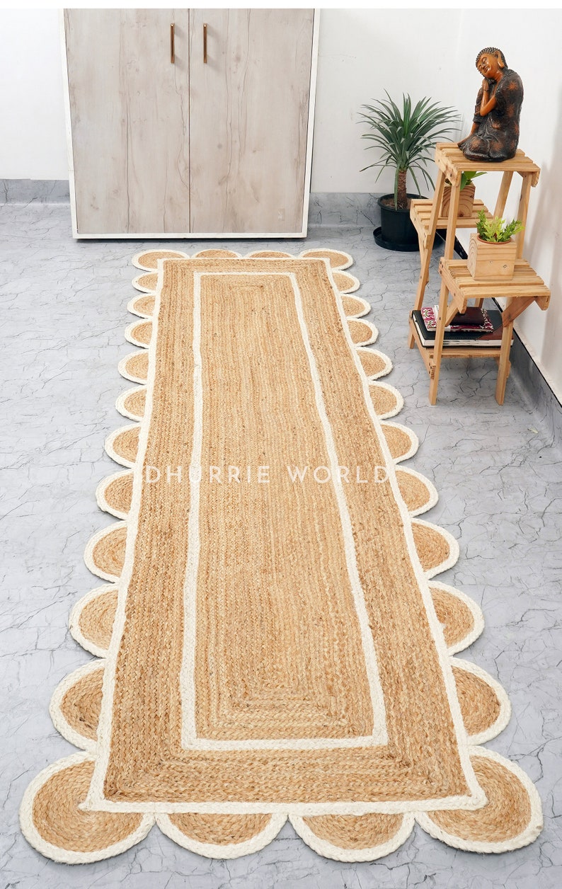 Scalloped Runner Rug, Jute Scallop Rug, Off White Jute Runner Rug, Natural Jute Rug, Hallway Runner Rug, Runner Custom Rug image 4