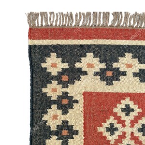 May include: A handwoven rug with a geometric pattern in shades of red, black, and cream. The rug has a fringe border.