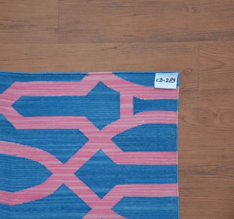 Blue Pink Geometric Dhurrie Rug 4x5'10 Etsy