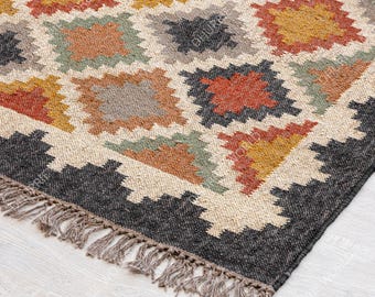 Kilim Wool Jute Rug, Handmade Kilim Dhurrie Rug, Traditional Turkish Jute Rug, Boho Jute Rug Southwestern Navajo Rug, Moroccan Rug