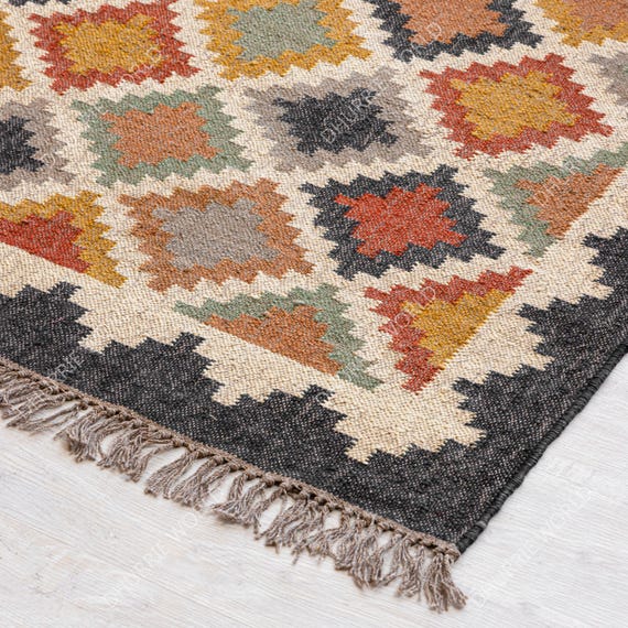 Kilim Wool Jute Rug, Handmade Kilim Dhurrie Rug, Traditional Turkish Jute Rug, Boho Jute Rug Southwestern Navajo Rug, Moroccan Rug