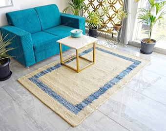 Bohemian Off White Jute Bordered Rug, Denim Jute Area Rug, Living Room Rug, Handwoven Rug, Custom Size Rug, Eco Friendly Rug, Indian Rug