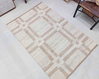 Alfombra geométrica de yute natural, alfombra de área de yute blanco, alfombra ecológica boho, alfombra de decoración boho, alfombra de sala de estar, alfombra de yute tejida a mano