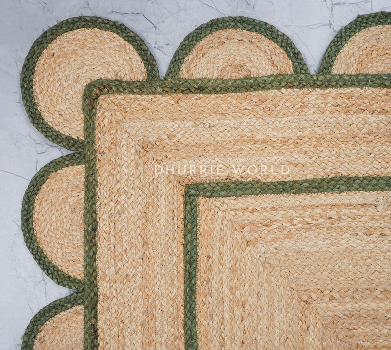 Scalloped Jute Rug Emerald Green Scallop Rug Natural Jute Etsy