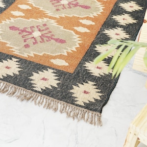 Boho Rug, Bohemian Indian Jute Rug, Handwoven Wool Jute Rug, Kilim Rug, Turkish Kilim Runner, Southwestern Nordic Kilim Rug Moroccan Rug