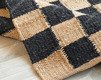 Checkered Jute Rug, Custom Size Runner Rug, Hallway Runner, Boho Jute Rug, Large Jute Rug, Checker Board Rug, Indian Jute Rug