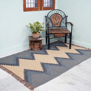 Traditional Kilim Jute Rug, Wool Jute Kilim Rug, Geometric Area Rug, Boho Decor Rug, Bohemian Jute Kilim Rug