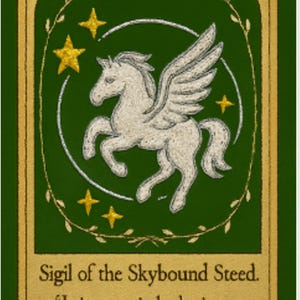 May include: A green and gold illustration featuring a white Pegasus with outstretched wings, surrounded by a white circle and gold stars. The text reads "Sigil of the Skybound Steed. I rise on stitched wings. I carry the breath of stars."