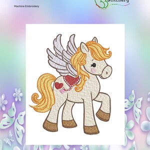 May include: Machine embroidery design of a white winged pony with a pink heart and gold chain on its chest. The pony has a yellow mane and tail. The design is available in sizes 4x4 inches, 5x5 inches, 7x7 inches, 8x8 inches, and 10x10 inches.
