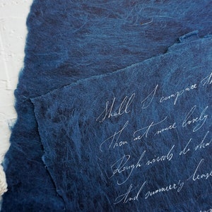 Custom Calligraphy on Limited Stock Lush Handmade Blue Kozo Paper in White Ink - Love Letter, Anniversary, Wedding Vows, Poem, Vintage Note