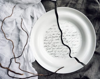 Original Art Object - Love Note Handwritten in Calligraphy with Black Acrylic Ink on a Broken White Porcelain Plate, Signed by Artist