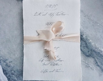 Menu Cards Handwritten in Calligraphy on Handmade Cotton Rag Paper for Wedding Reception, Formal Dinner, Party