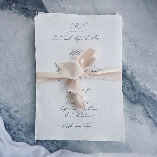 Menu Cards Handwritten in Calligraphy on Handmade Cotton Rag Paper for Wedding Reception, Formal Dinner, Party