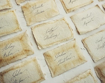 Handwritten in Calligraphy Place Name Cards on Aged Handmade Cotton Paper for Wedding Reception, Dinner Party - Unique, Personalised