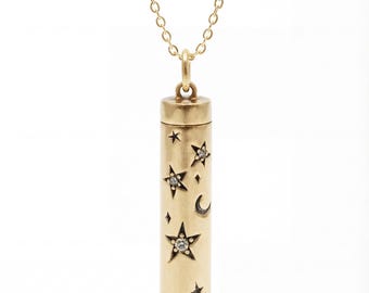 Gold-Tone Celestial Pendant Necklace, Stars, Moon, Zirconia, Brass Spoon Necklace, Ceremonial Scoop Necklace, Keepsake Secret Perfume Bottle