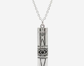 Silver-Tone Evil Eye Talisman Pendant, Black Onyx, Hidden Chamber, Secret Bottle, Mini Spoon Necklace, Ceremonial Scoop Necklace