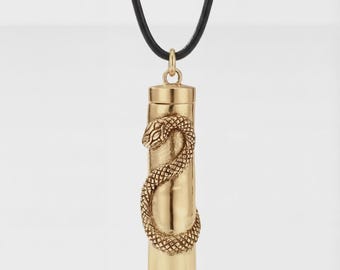 Gold Serpent Pendant Necklace, Brass Spoon Talisman, Secret Spice Bottle, Spoon Pendant, Spoon Necklace, Ceremonial Scoop Necklace
