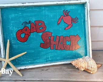 Crab Shack Weathered Wood Tray, Beachy Sunroom Decor, Coastal Home Decor, Rustic Hand Painted Tray, Nautical Boy's Room, Rectangle Tray