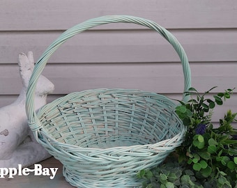 Ocean Mist Spring Basket with Twisted Handle, Large Painted Wicker Easter Basket, Pastel Spring Gathering Basket, Baby Shower Centerpiece