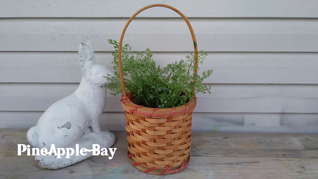 Vintage Wood Slat Basket With Tall Handle Natural Wood Etsy