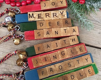 Scrabble Christmas Ornament, Holiday Words Wood Gift Tag, Stackable Scrabble Christmas tags, Rustic Christmas Accents